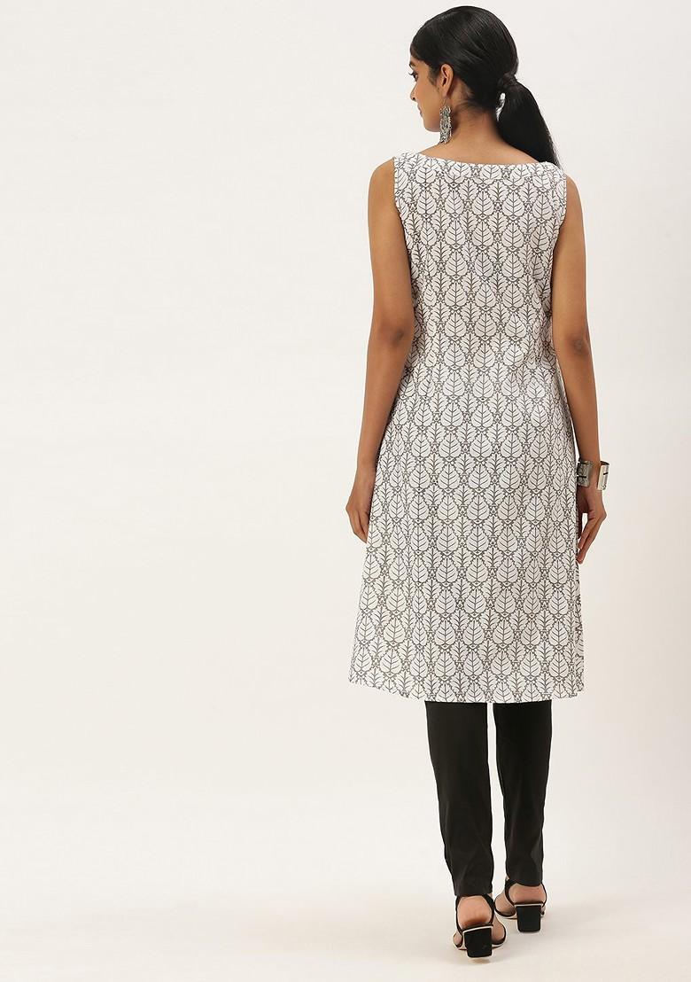White Ethnic Motifs Printed Poly Blend Kurta Set