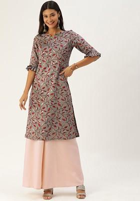 Grey Floral Print Poly Blend Kurta Set
