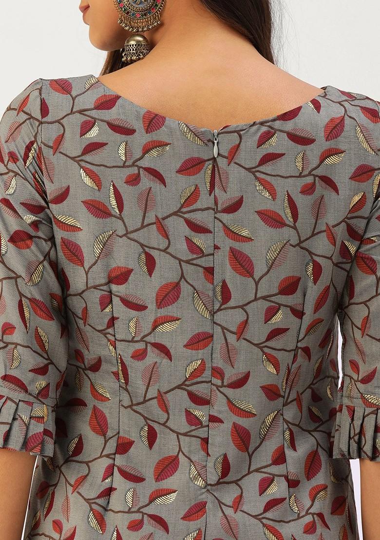 Grey Floral Print Poly Blend Kurta Set