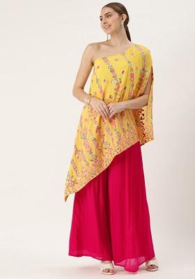 Yellow Mirror Embroidered Poly Blend Kurta Set