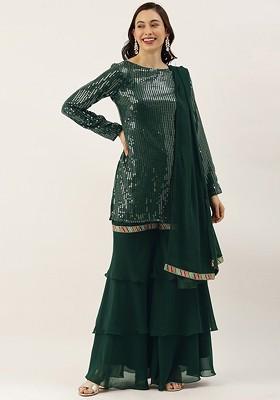 Green Sequin Embroidered Poly Blend Kurta Set