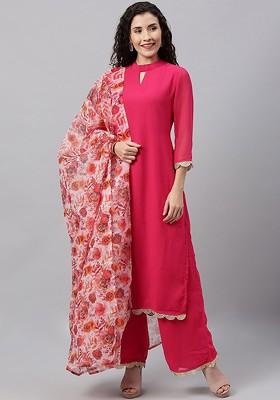 Pink Solid Poly Blend Kurta Set
