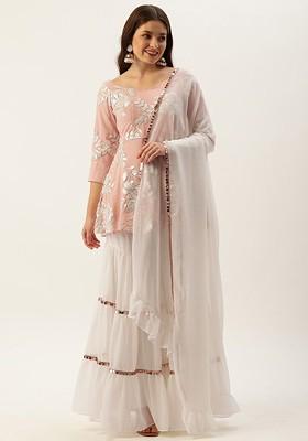 Pink Floral Embroidered Poly Blend Kurta Set