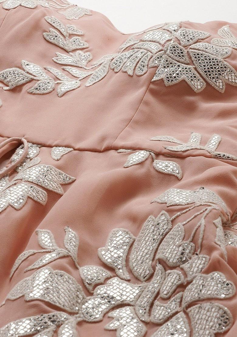 Pink Floral Embroidered Poly Blend Kurta Set