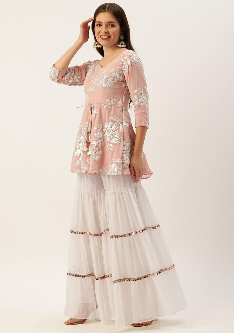 Pink Floral Embroidered Poly Blend Kurta Set