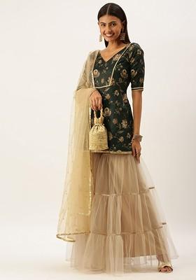 Green Floral Print Poly Blend Kurta Set
