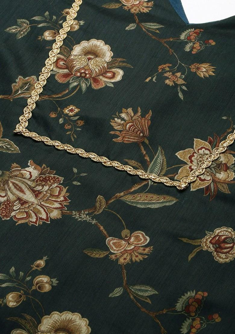 Green Floral Print Poly Blend Kurta Set