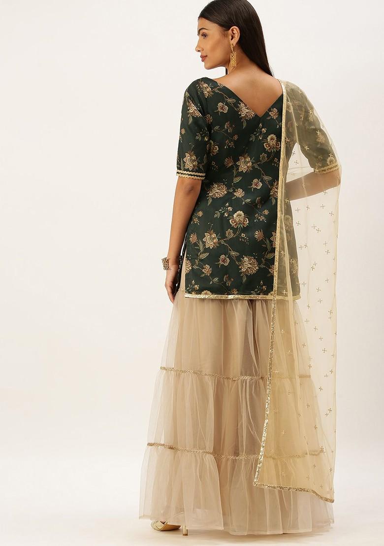 Green Floral Print Poly Blend Kurta Set