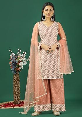 Peach Sequin Embroidered Poly Blend Kurta Set