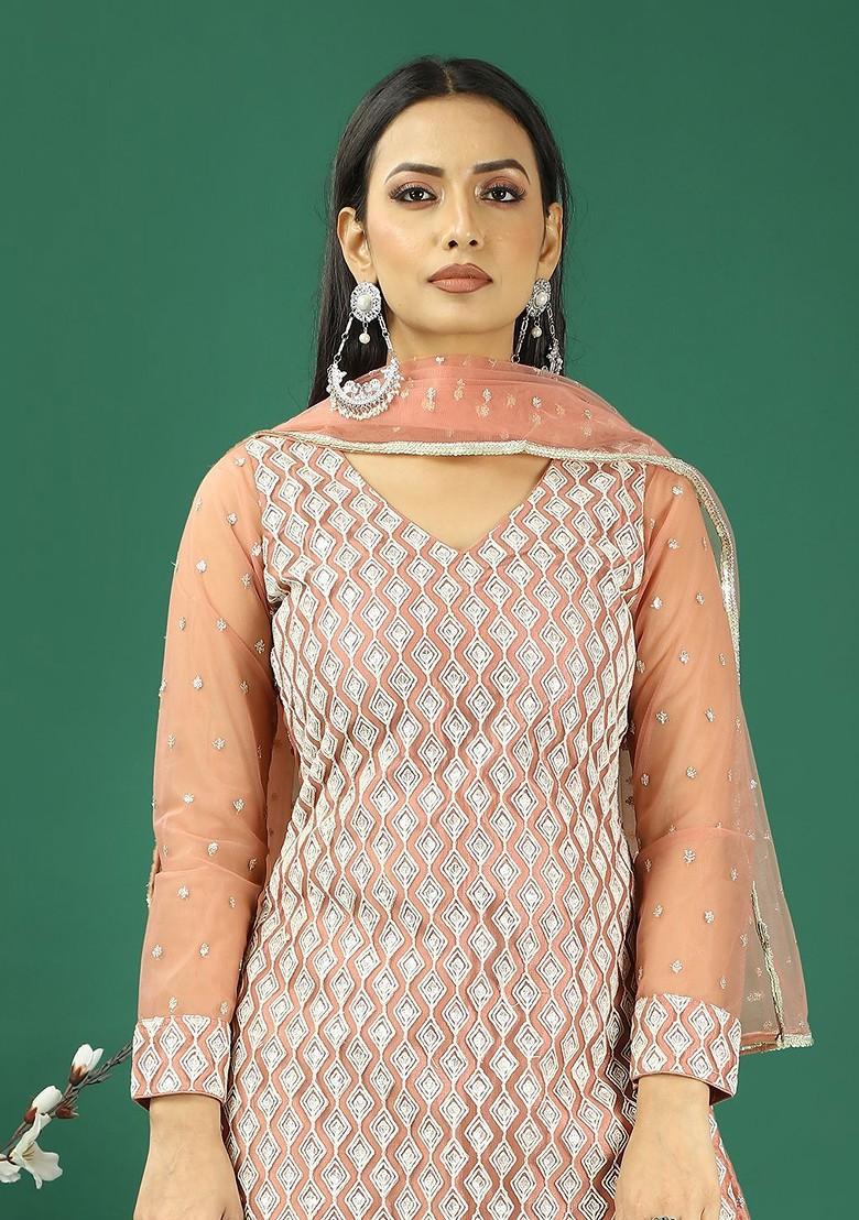 Peach Sequin Embroidered Poly Blend Kurta Set