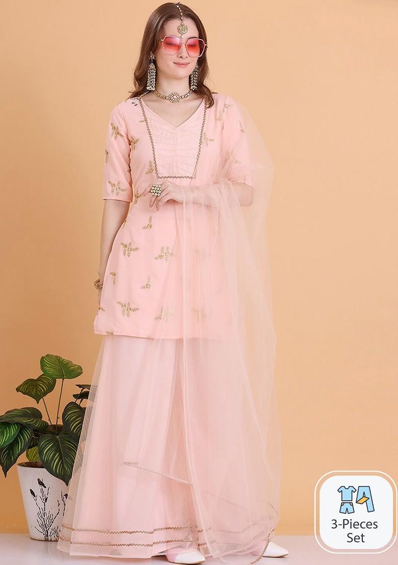 Peach Floral Embroidered Poly Blend Kurta Set
