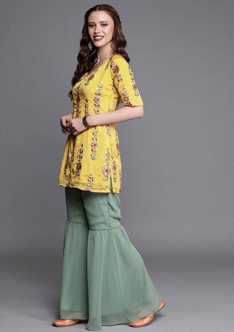 Yellow Embroidered Poly Blend Kurta Set