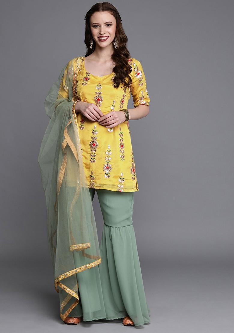 Yellow Embroidered Poly Blend Kurta Set