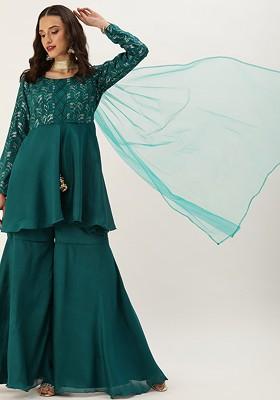 Teal Ethnic Motifs Poly Blend Kurta Set