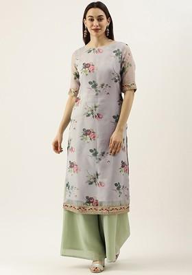 Lavender Floral Print Poly Blend Kurta Set