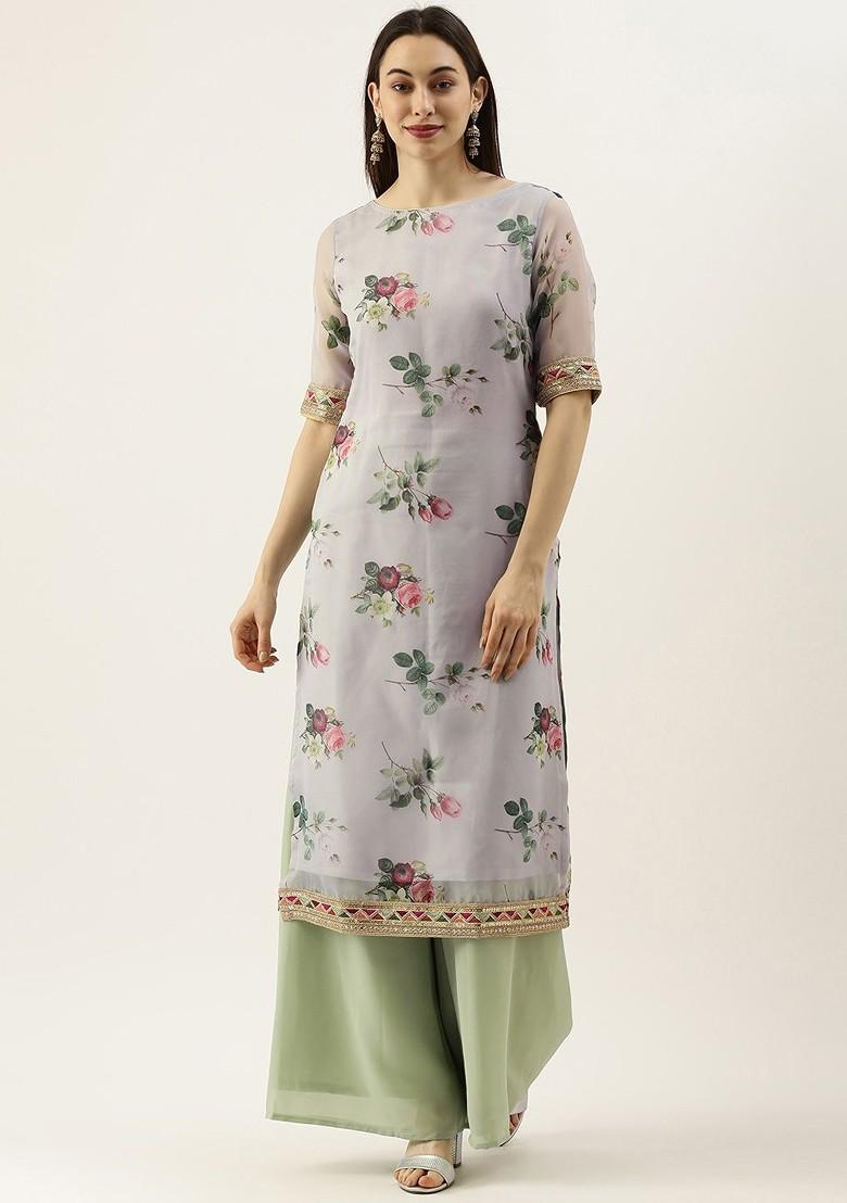 Lavender Floral Print Poly Blend Kurta Set