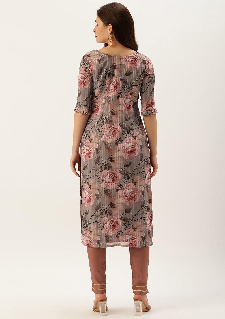 Brown Floral Print Poly Blend Kurta Set