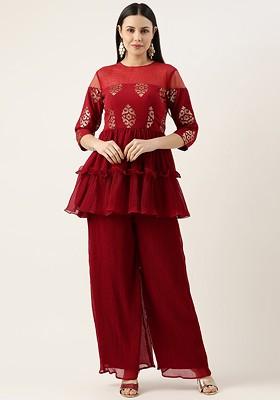 Maroon Ethnic Motifs Poly Blend Kurta Set
