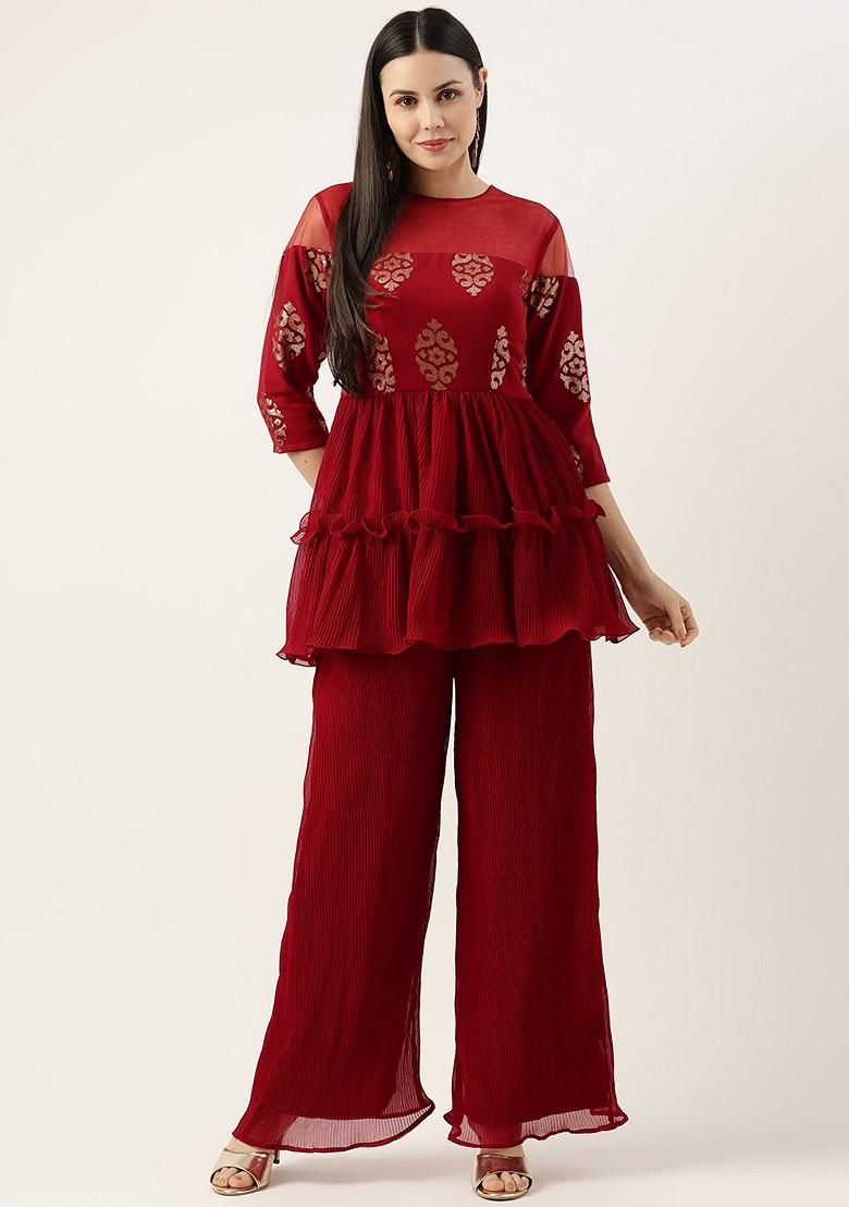 Maroon Ethnic Motifs Poly Blend Kurta Set