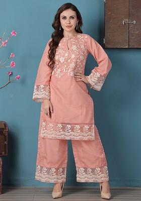 Peach Floral Embroidered Organza Kurta Set