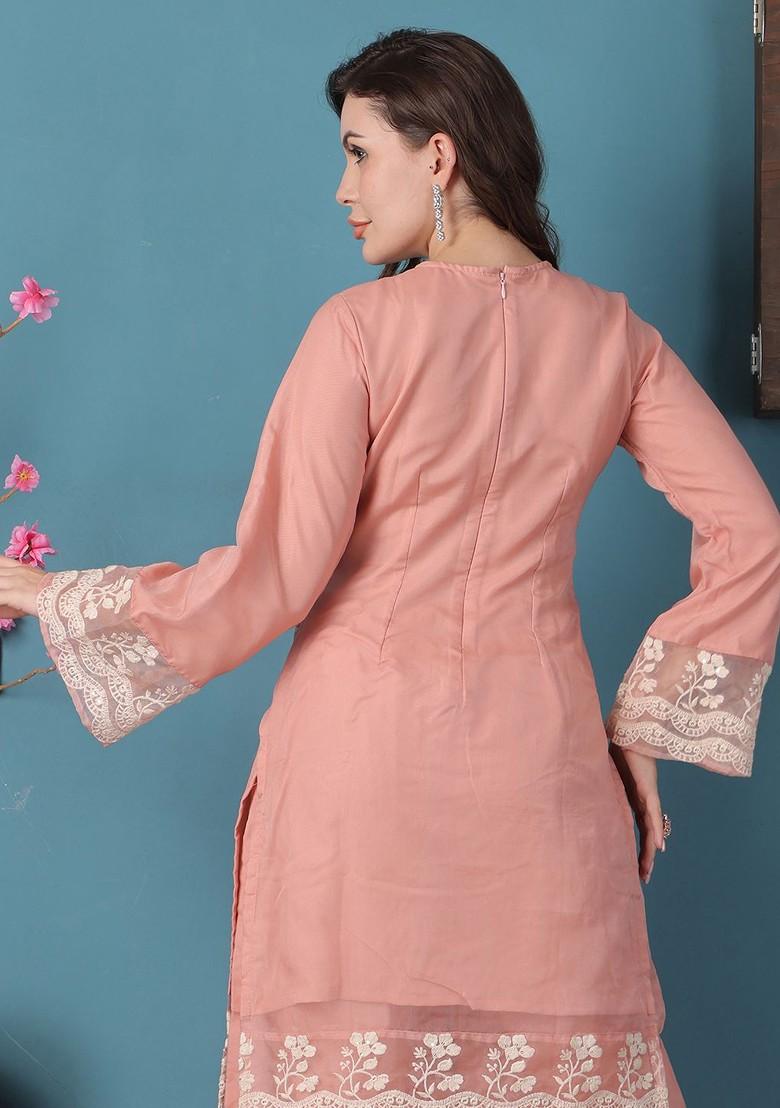 Peach Floral Embroidered Organza Kurta Set