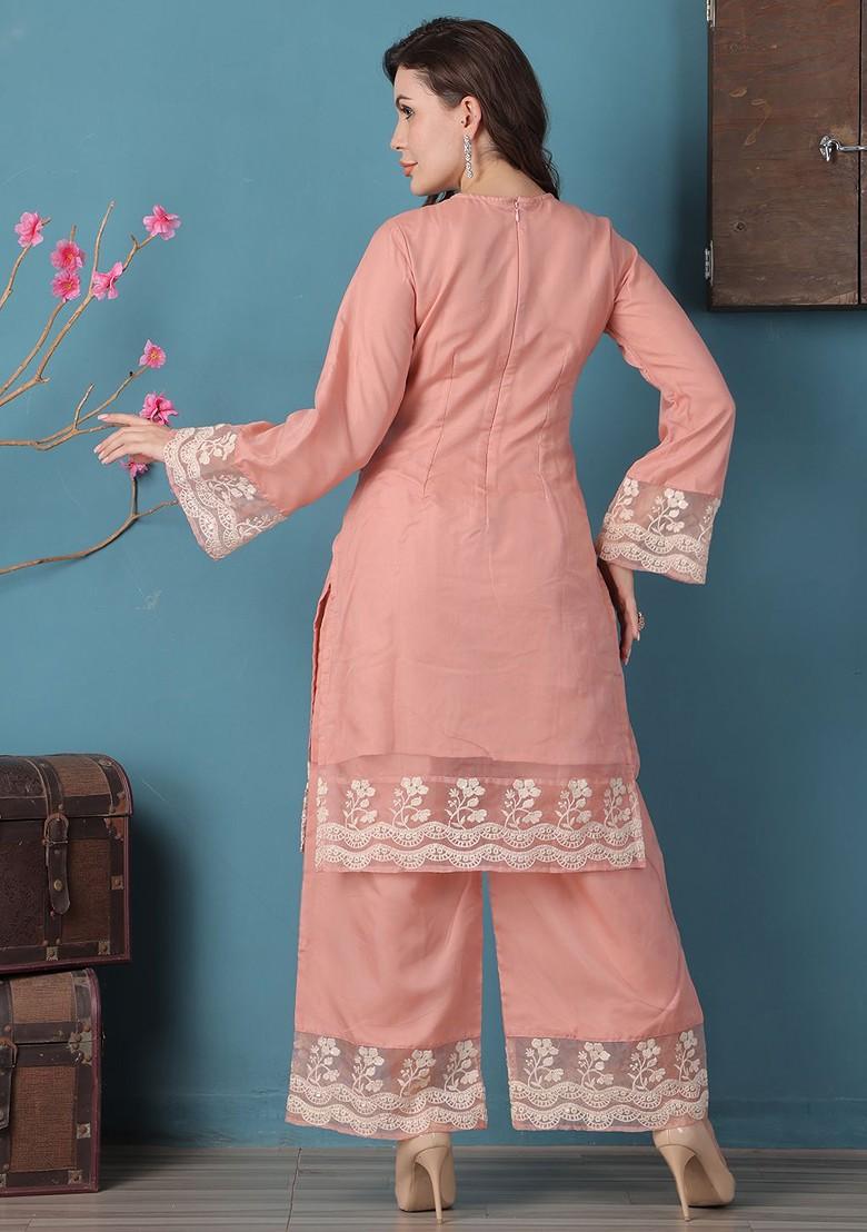 Peach Floral Embroidered Organza Kurta Set