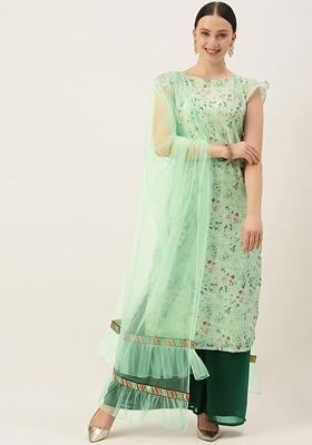 Green Floral Print Poly Blend Kurta Set
