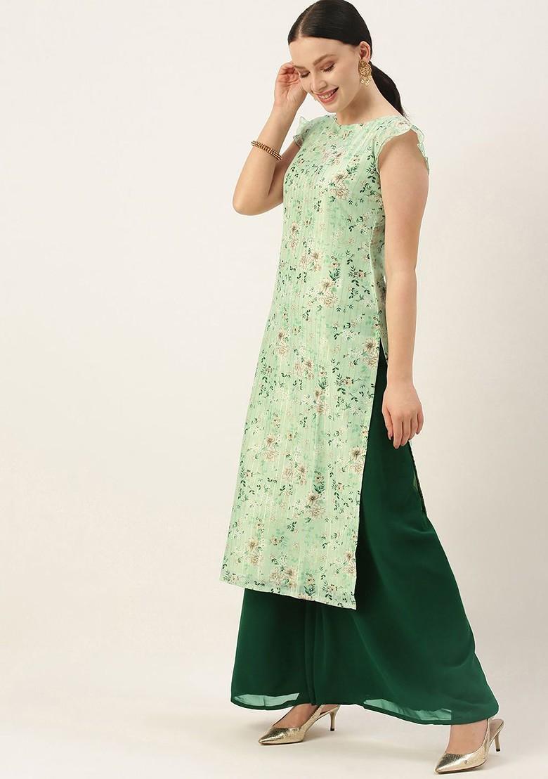 Green Floral Print Poly Blend Kurta Set