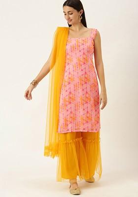 Yellow Abstract Print Poly Blend Kurta Set