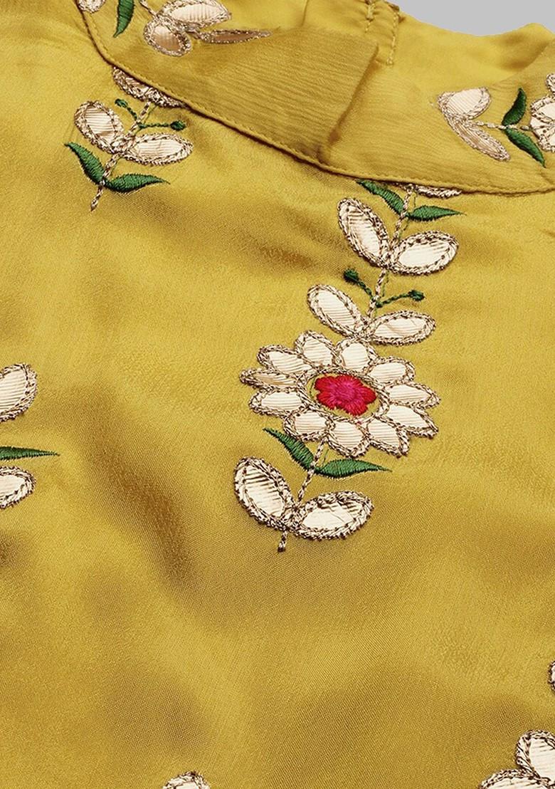 Yellow Floral Embroidered Poly Blend Kurta Set