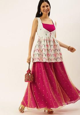 White Mirror Embroidered Poly Blend Kurta Set