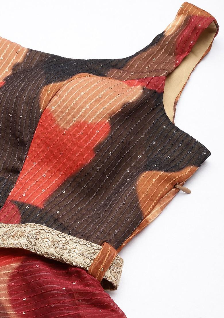 Orange Abstract Print Poly Blend Kurta Set