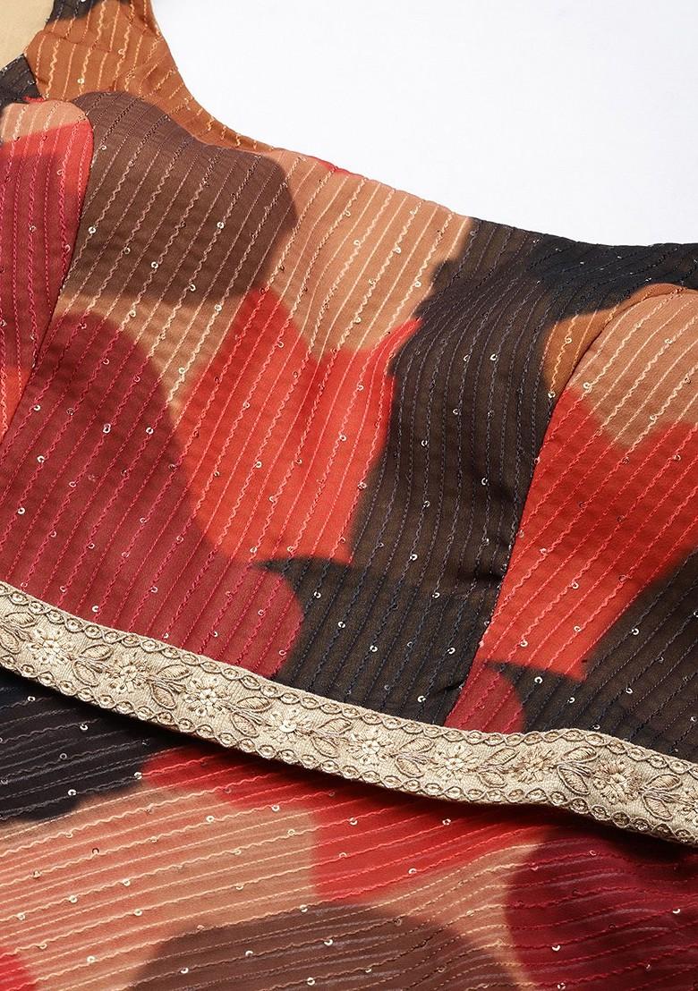 Orange Abstract Print Poly Blend Kurta Set