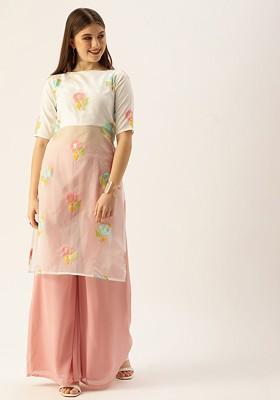 Off White Thread Embroidered Poly Blend Kurta Set