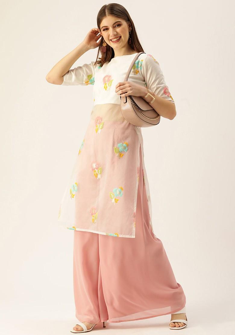 Off White Thread Embroidered Poly Blend Kurta Set