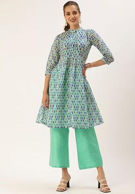 Blue Ethnic Motifs Printed Poly Blend Kurta Set