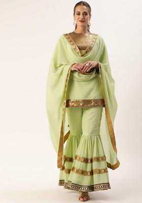 Green Solid Poly Blend Kurta Set