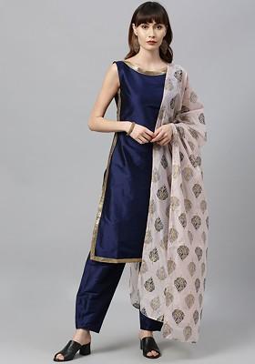 Navy Blue Sequin Embroidered Poly Blend Kurta Set
