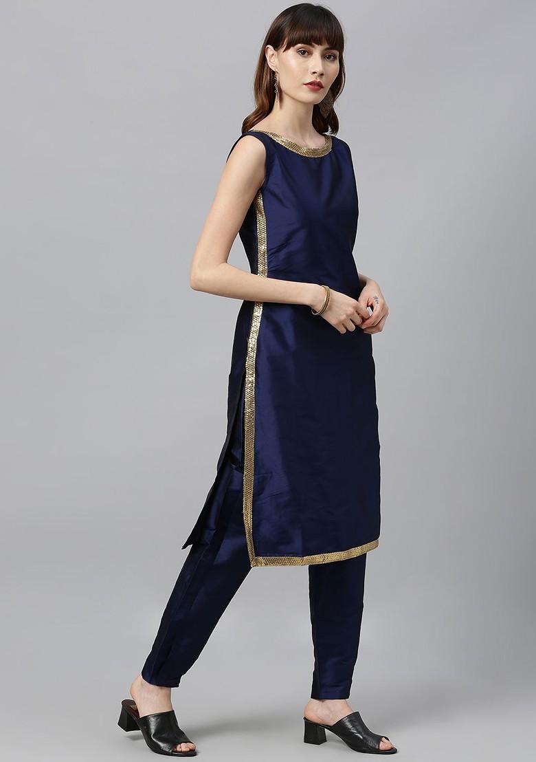 Navy Blue Sequin Embroidered Poly Blend Kurta Set