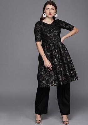 Black Printed Poly Blend Kurta Set