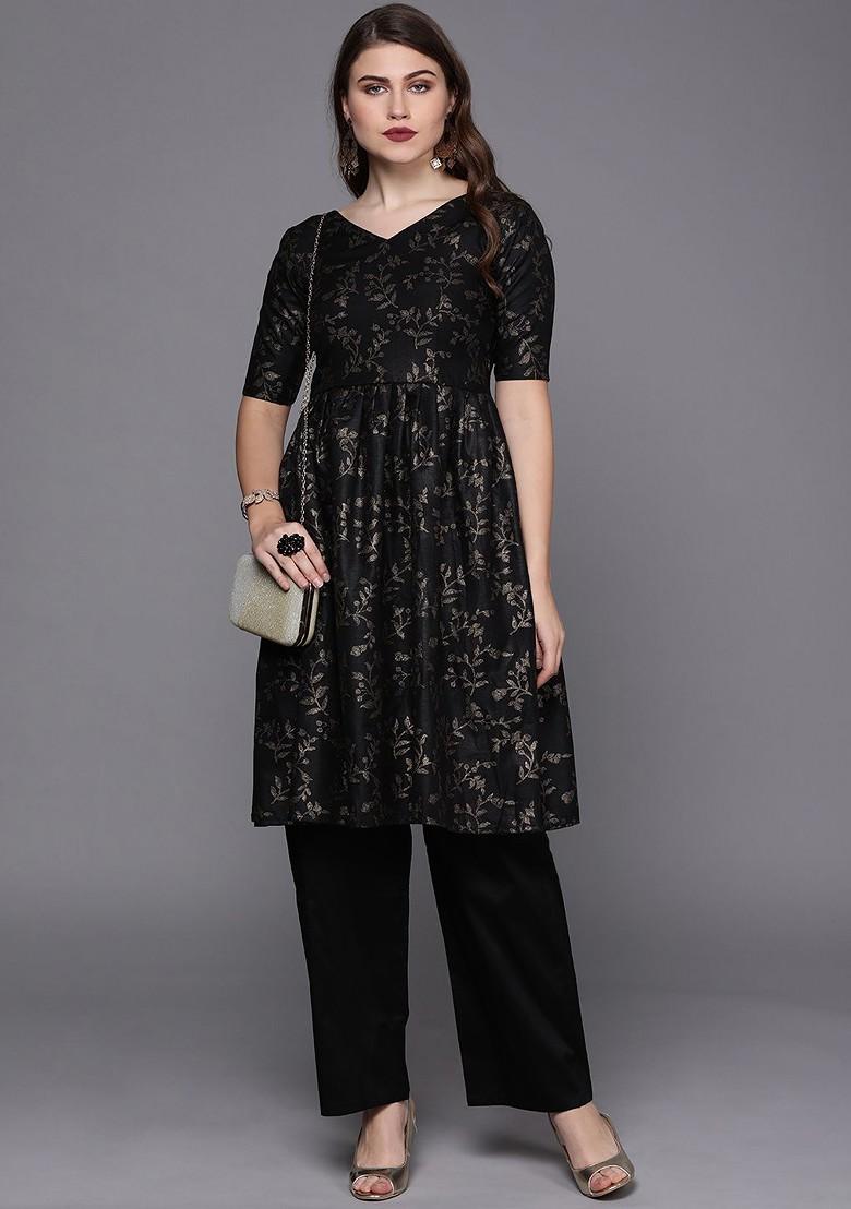 Black Printed Poly Blend Kurta Set