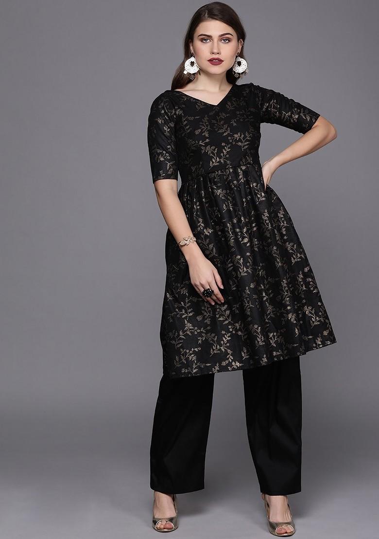 Black Printed Poly Blend Kurta Set