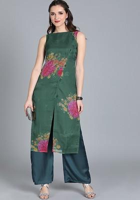 Green Printed Poly Blend Kurta Set