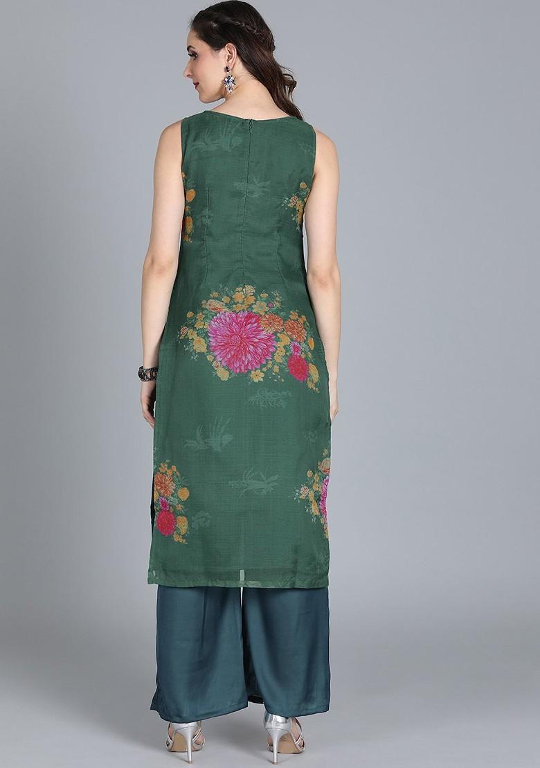 Green Printed Poly Blend Kurta Set