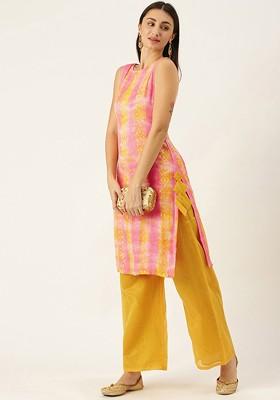 Pink Printed Poly Blend Kurta Set