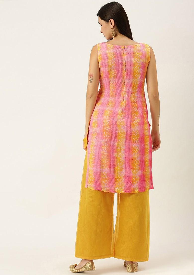 Pink Printed Poly Blend Kurta Set