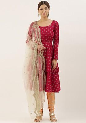Maroon Printed Poly Blend Kurta Set