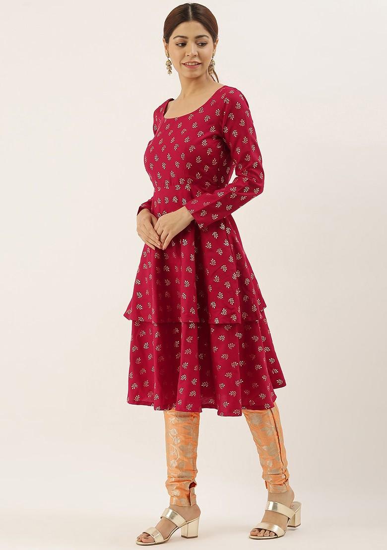 Maroon Printed Poly Blend Kurta Set