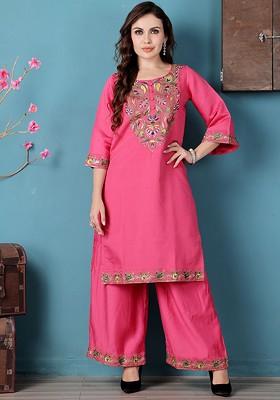 Pink Floral Embroidered Poly Blend Kurta Set
