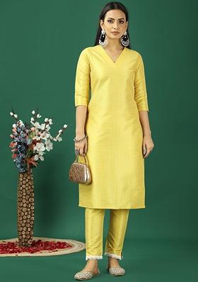 Yellow Striped Print Woven Poly Blend Kurta Set
